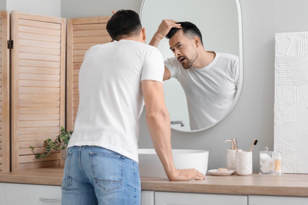 Worried,Young,Man,With,Hair,Loss,Problem,Looking,In,Mirror